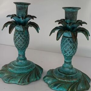 Vintage Palm Tree Candle Holders Pair - Patinated Verdigris Brass